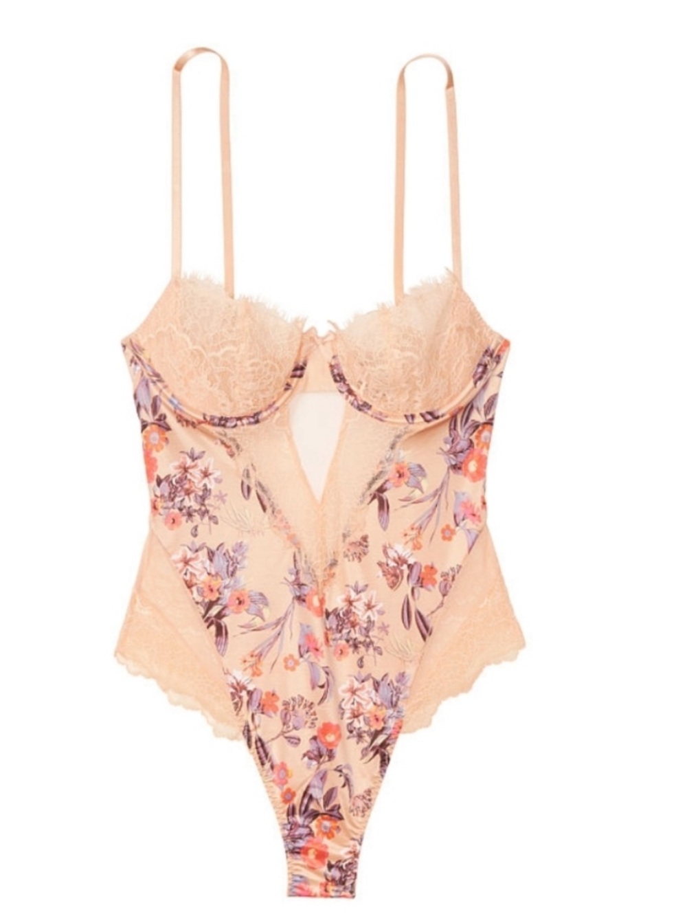 NWT - Victoria Secret Wicked Unlined Peach Floral & Lace Balconette Teddy -Sz XS